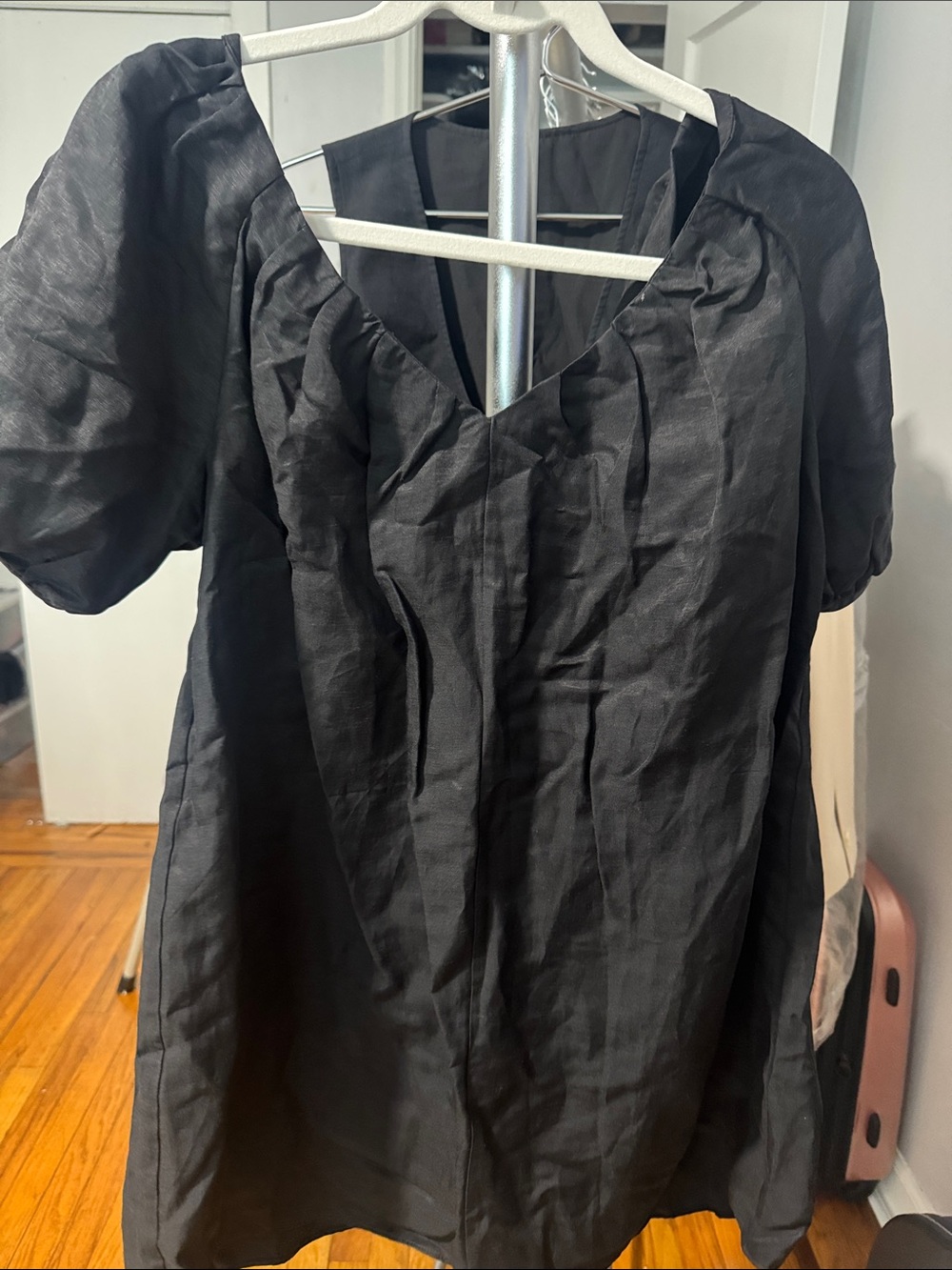 Banana Republic Black Mini Dress with V-Neck and Puff Sleeves